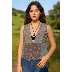 Vintage Yasuko Patchwork Vest Kimono Silk Waistcoat Small Medium Japanese